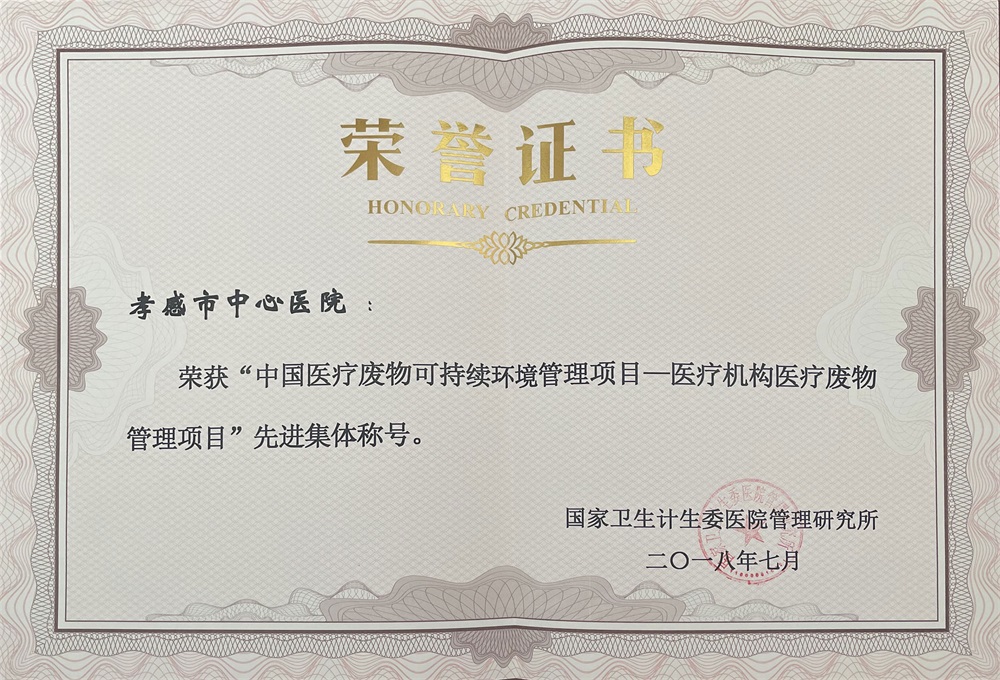 “中国医疗废物可持续环境管理项目一医疗机构医疗废物管理项目”先进集体称号